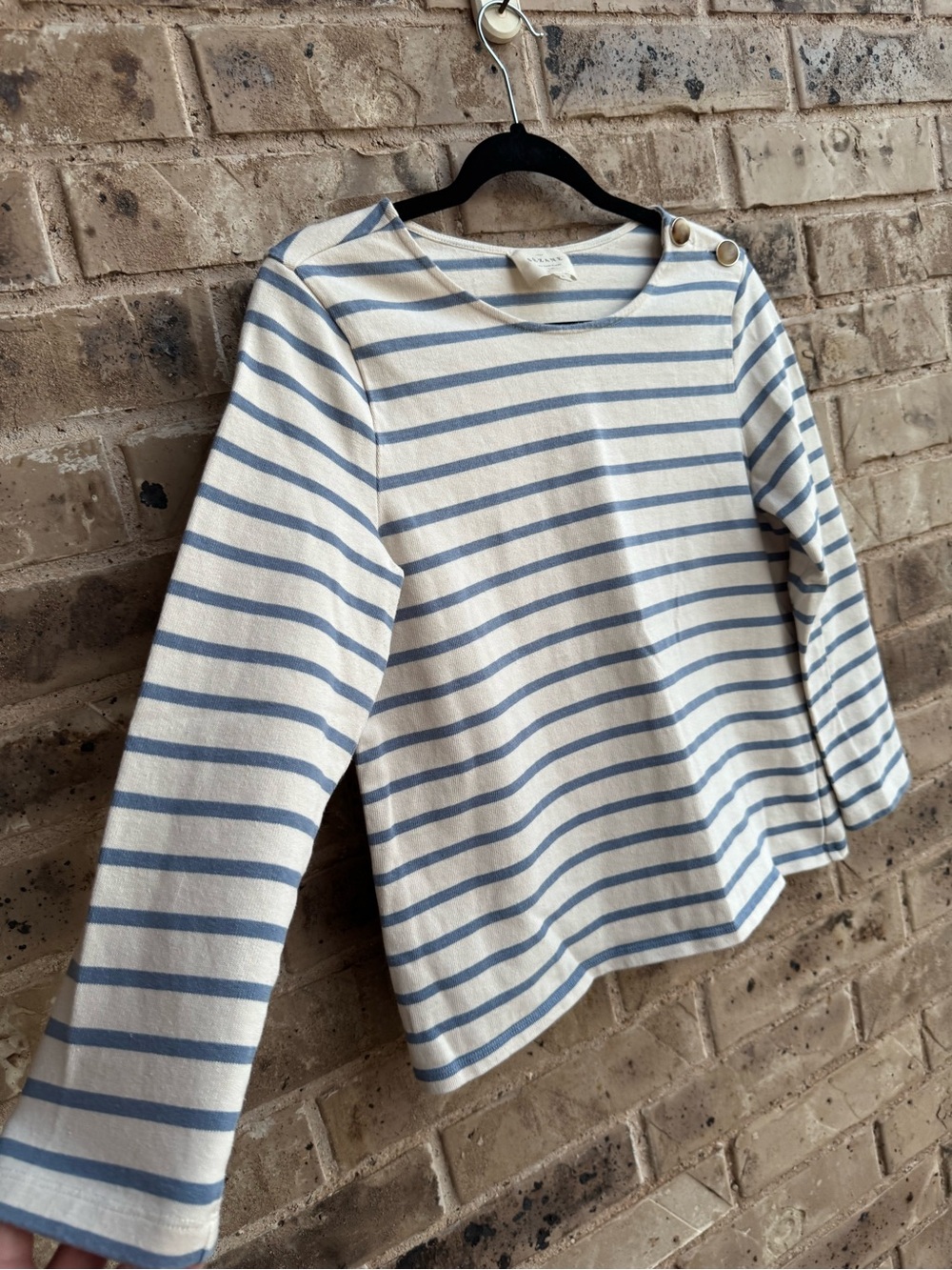 Sezane Colette mariniere blue Ecru Striped Button-Shoulder Top Sz Small - Picture 7 of 10